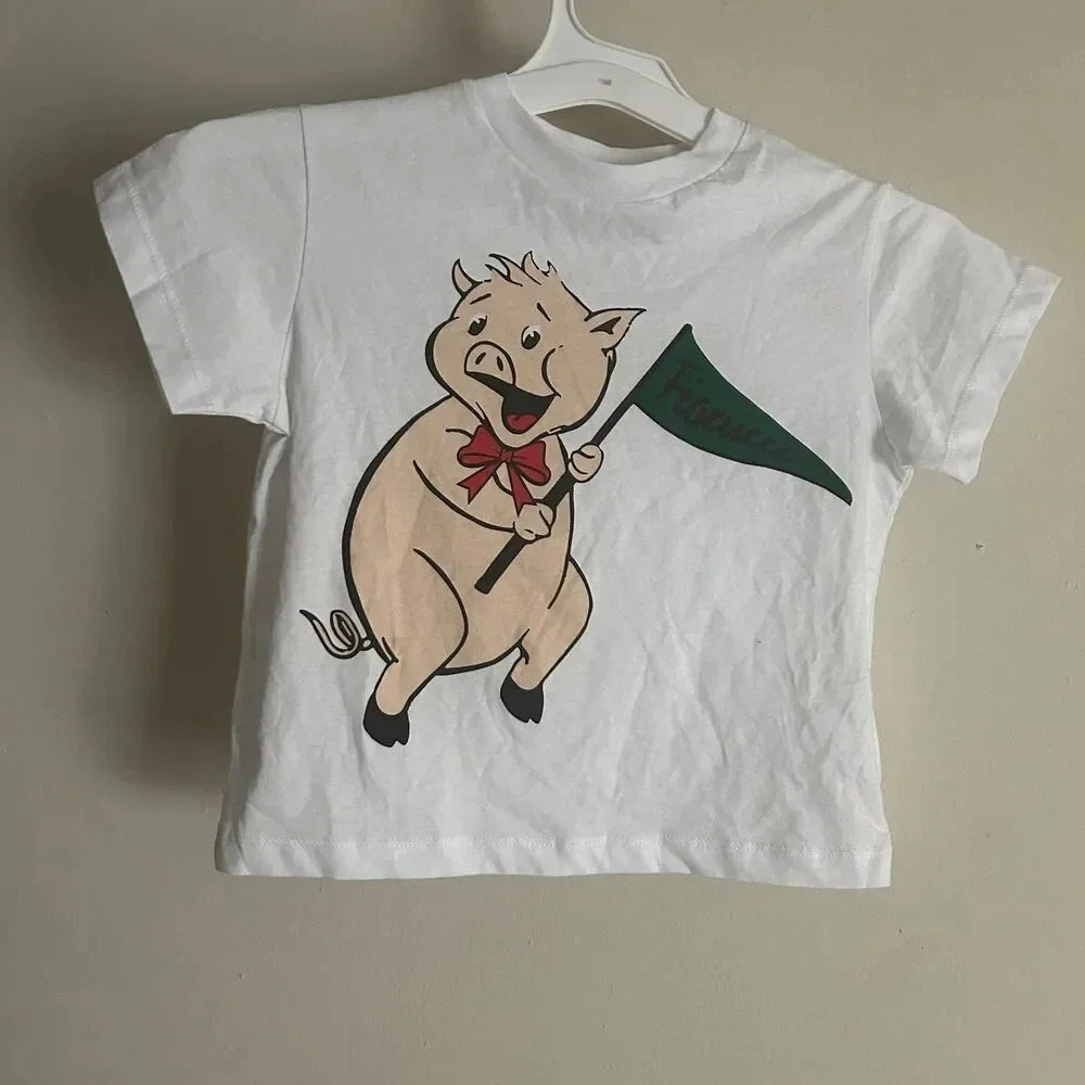 Fiorucci 100% Organic Cotton Crop Tee Shirt White Sz XS Piggy Pig Holding a flag